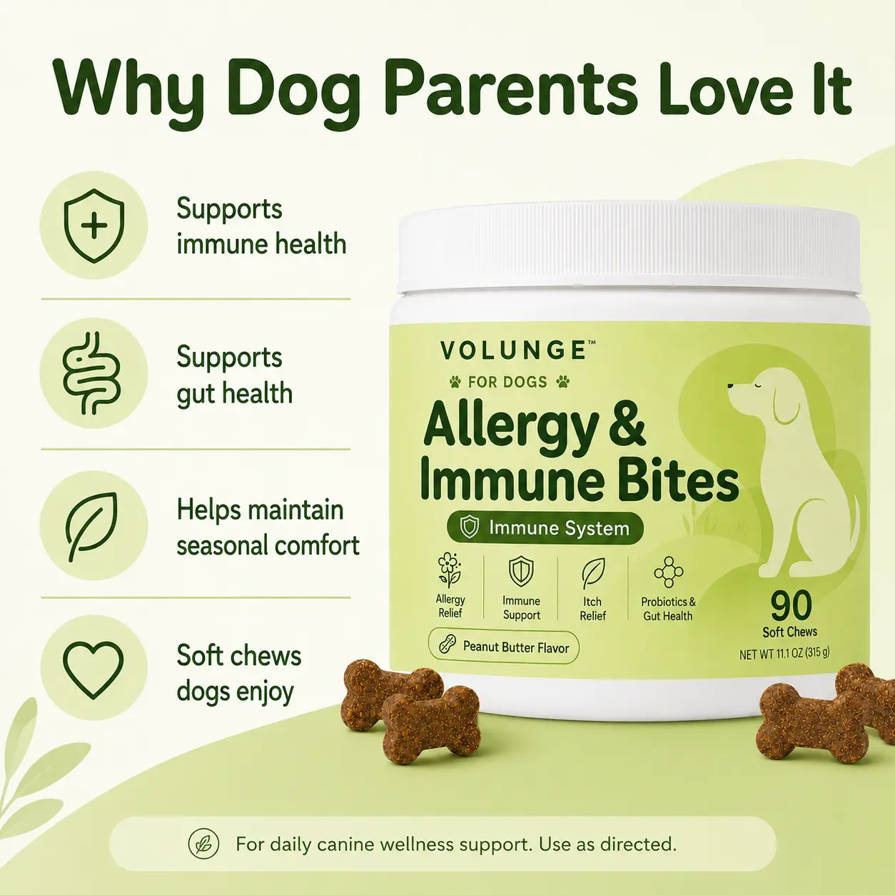 Dog Probiotic Soft Chews, Daily Digestive Support Treats with Peanut Butter Flavor, 90 Count Pet Wellness Chews
