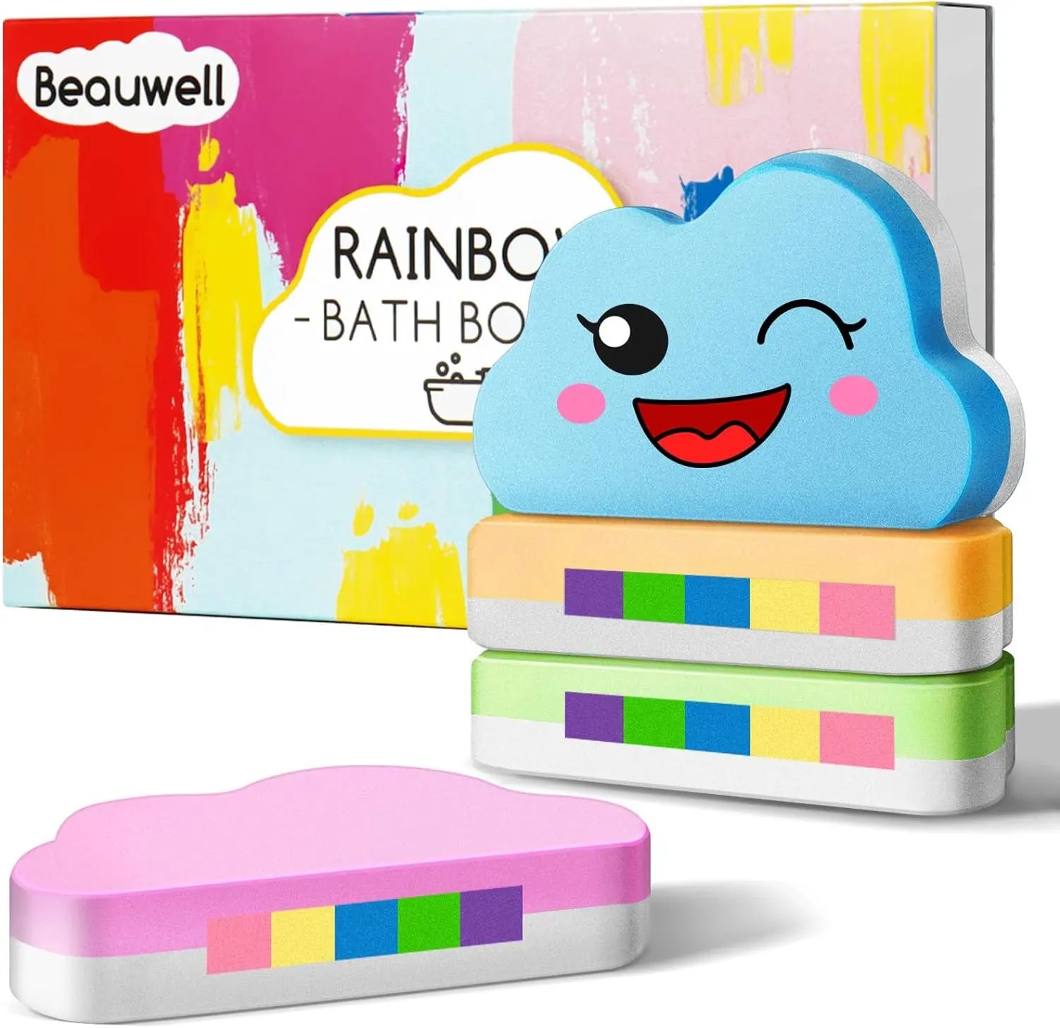 Rainbow Bath Bombs for Kids, Handmade 4 Pcs Kids Bath Bombs, Summer Bath Time Fun for Girls Teens Toddlers, Rainbow Bubble Fizzy,back to school