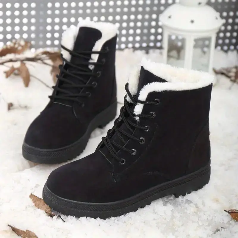 Women's Casual Platform Snow Boots - Plain Round Toe Lace-Up Ankle Booties with Warm Cotton Fur Lining, Non-Slip Rubber Sole, Insulated Mid-Calf Winter Walking Shoes, Chic Affordable Outdoor Footwear