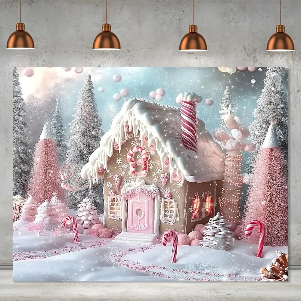Sparkling Pink & White Winter Wonderland Backdrop with Snow-Covered Dessert Cabin & Candy Trees Durable Polyester Perfect for Christmas Decorations Parties Festive Photo Shoots Christmas Outdoor Decor, Magical, Banners