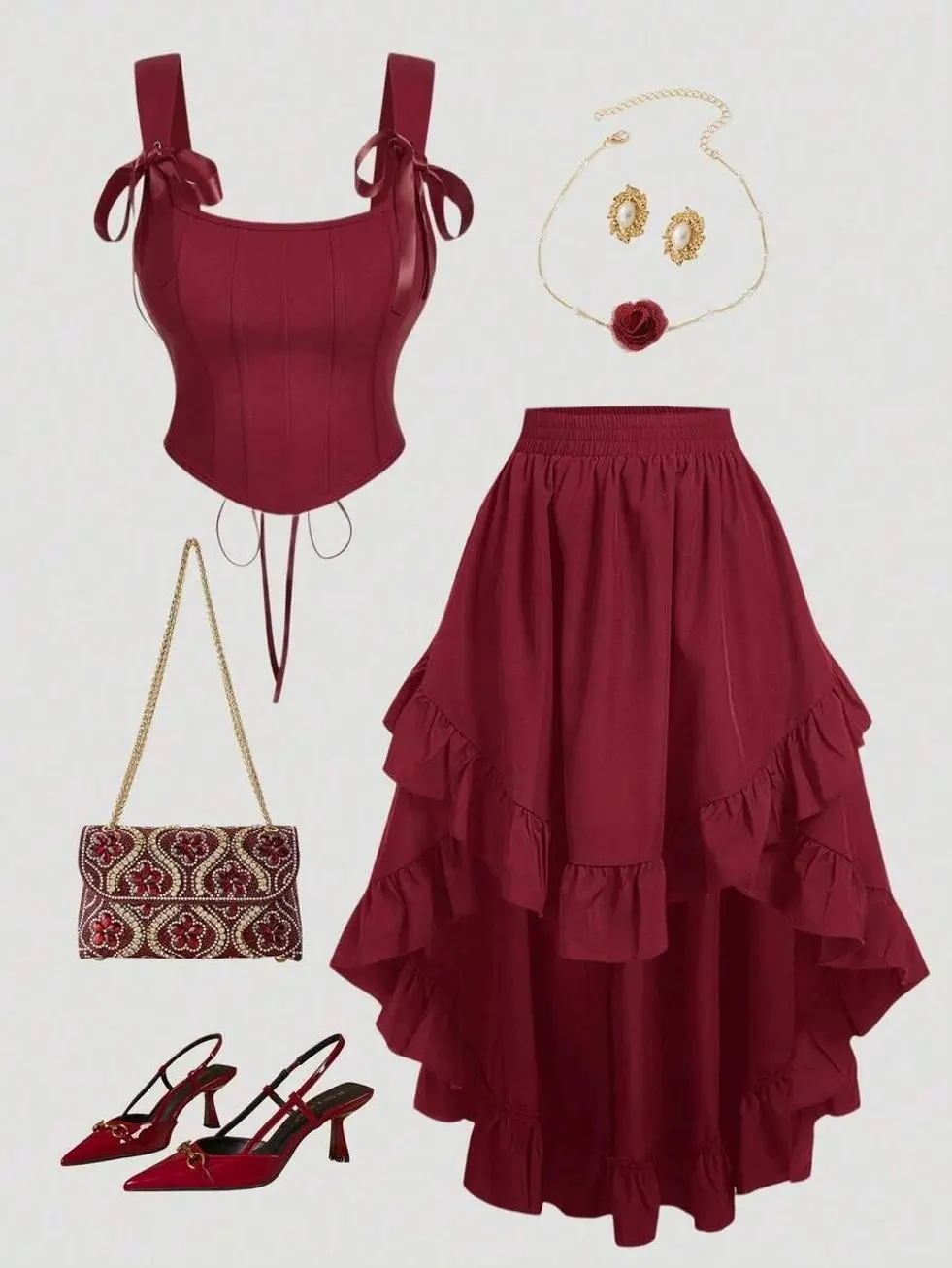 Plus Size Women's Vintage Burgundy Ruffle Hem Skirt And Burgundy Crop Top 2 Pieces Set.Christmas And New Year Outfits, Autumn And Winter Outfits