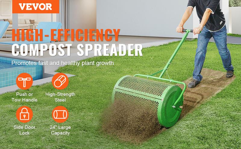VEVOR Compost Spreader and Peat Moss Spreader,  24" Push/Tow-Behind Roller Lawn Spreader with Height Adjustable T Shaped Handle, Steel Mesh Basket Garden Spreader for Spreading Manure Topsoi