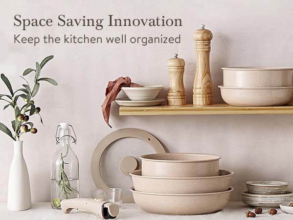 USELUCK 21-Piece Non-Stick Cookware Set with Hanging Rack, Removable Handles for Camping & Baking, Stackable Oven Safe RV Friendly Cookware, Multiple Colors and Combinations Available