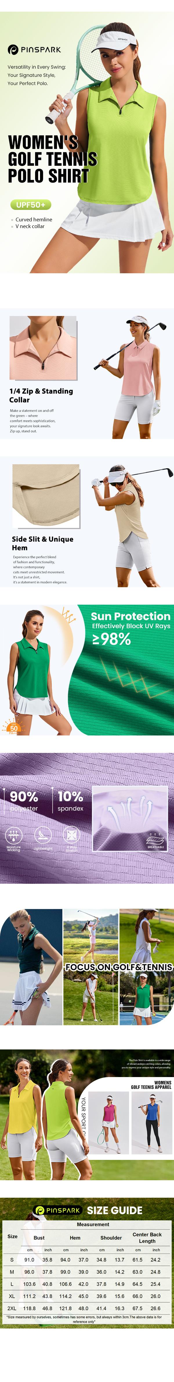 PINSPARK Women Golf Shirts Sleeveless UPF 50+ Tennis Polo V-Neck Quick Dry Athletic T Shirt 1/4 Zip Collar Workout Tank Top  Springtok