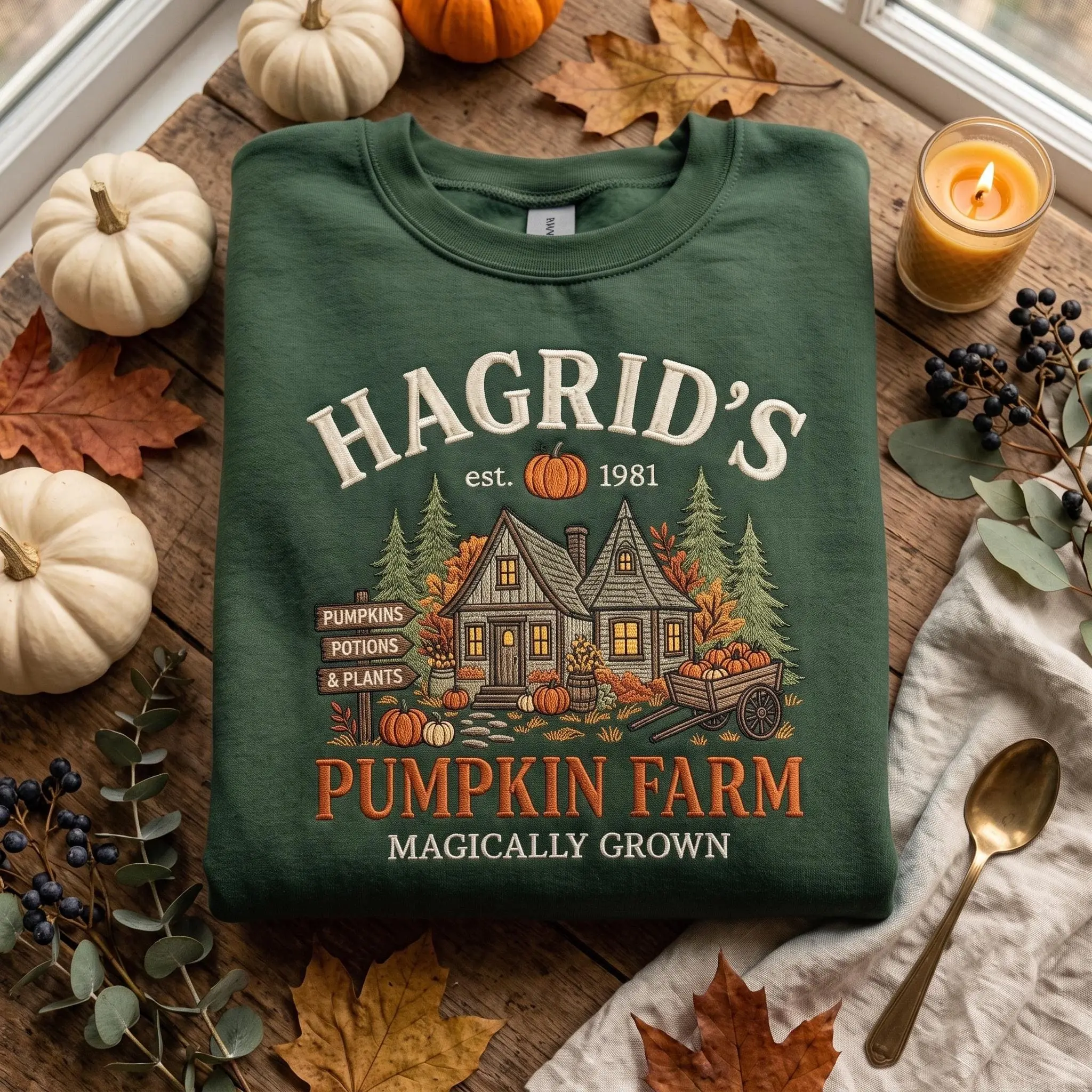 [Made in US] Hagrid Magical Pumpkin Farm Sweatshirt, Embroidered Wizard Fall Crewneck, Witchy Pumpkin Patch Shirt, Cozy Autumn Farm Gift for Her