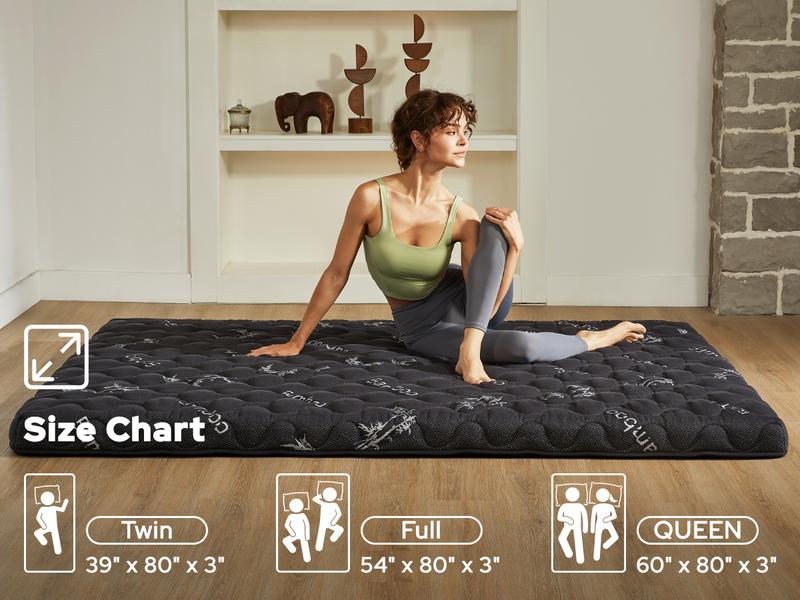 [Valentine’s Day]【BEDLORE】Japanese Floor Futon Mattress Twin Size, Viscose Derived from Bamboo, 3" Thick Tatami Mat with High-Density Foam, Foldable & Portable Roll-Up Sleeping Pad, Ideal for Guest Room & Home Use