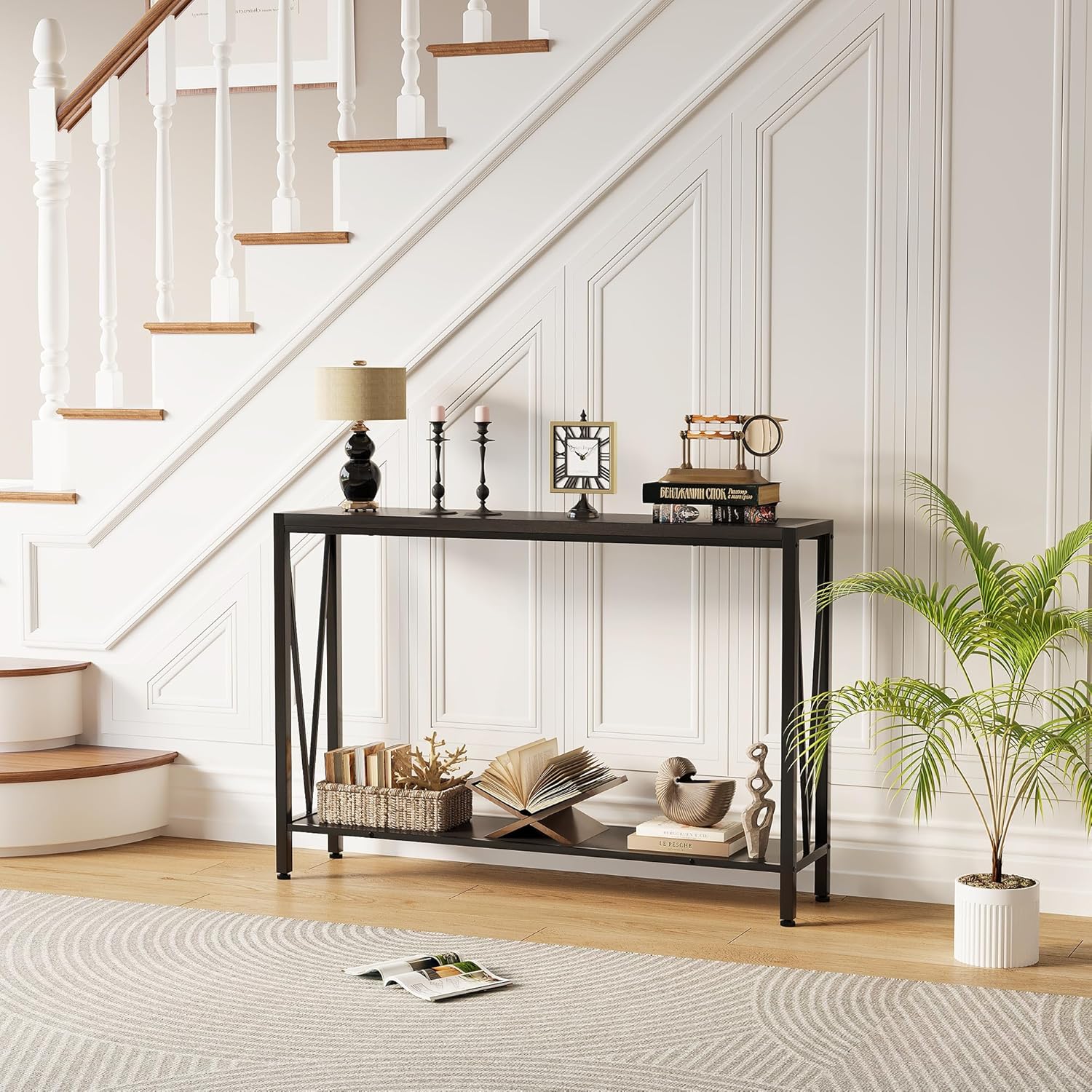 43.3 Inch Entryway Table with 2-Tier Shelves, Narrow Console Table for Hallway, Living Room Sofa Table, Modern Foyer & Entrance Way Table for Home Office Decor, Black 43.3 Inch Entryway Table with 2-Tier Shelves, Narrow Console Table for Hallway, Living Room Sofa Table, Modern Foyer & Entrance Way Table for Home Office Decor, Black