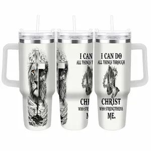 Inspirational Lion Cross Christian Faith Car Cup (40oz/30oz/20oz) Prayer Hands - Positive Religious Gift for Women Men, Spiritual Stainless Steel Tumbler for Church