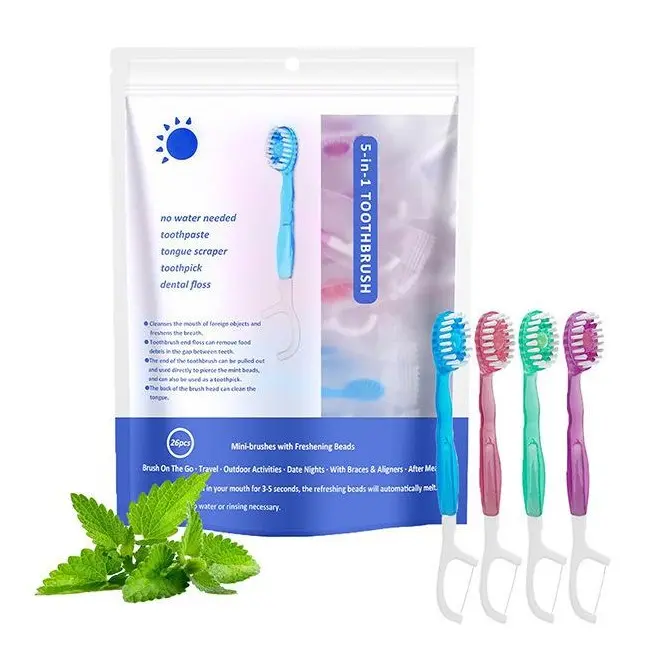 5 in 1 Mini Brushes-Disposable Toothbrushes with Toothpaste + Floss + Pick + Tongue Scraper | Travel Size | Individually Wrapped | Soft | Mint | Travel Set (Mint, 26 pcs)