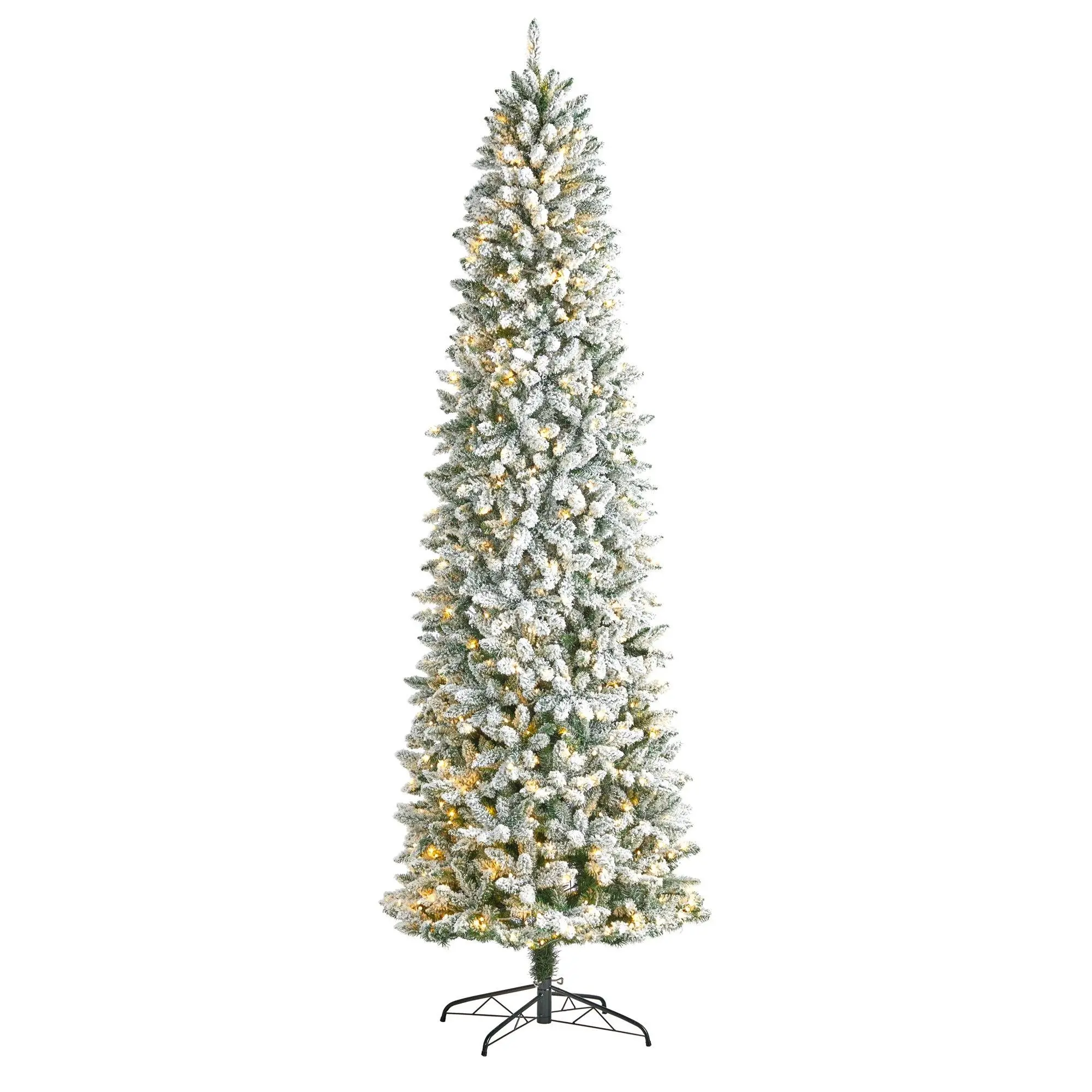 9' Height Slim Flocked Montreal Fir Synthetic Standing Artificial Christmas Tree - Metal Stand, Ornaments, 600 LED Lights Included - Festive Holiday Decoration for Indoor Room Decor, Party Decor