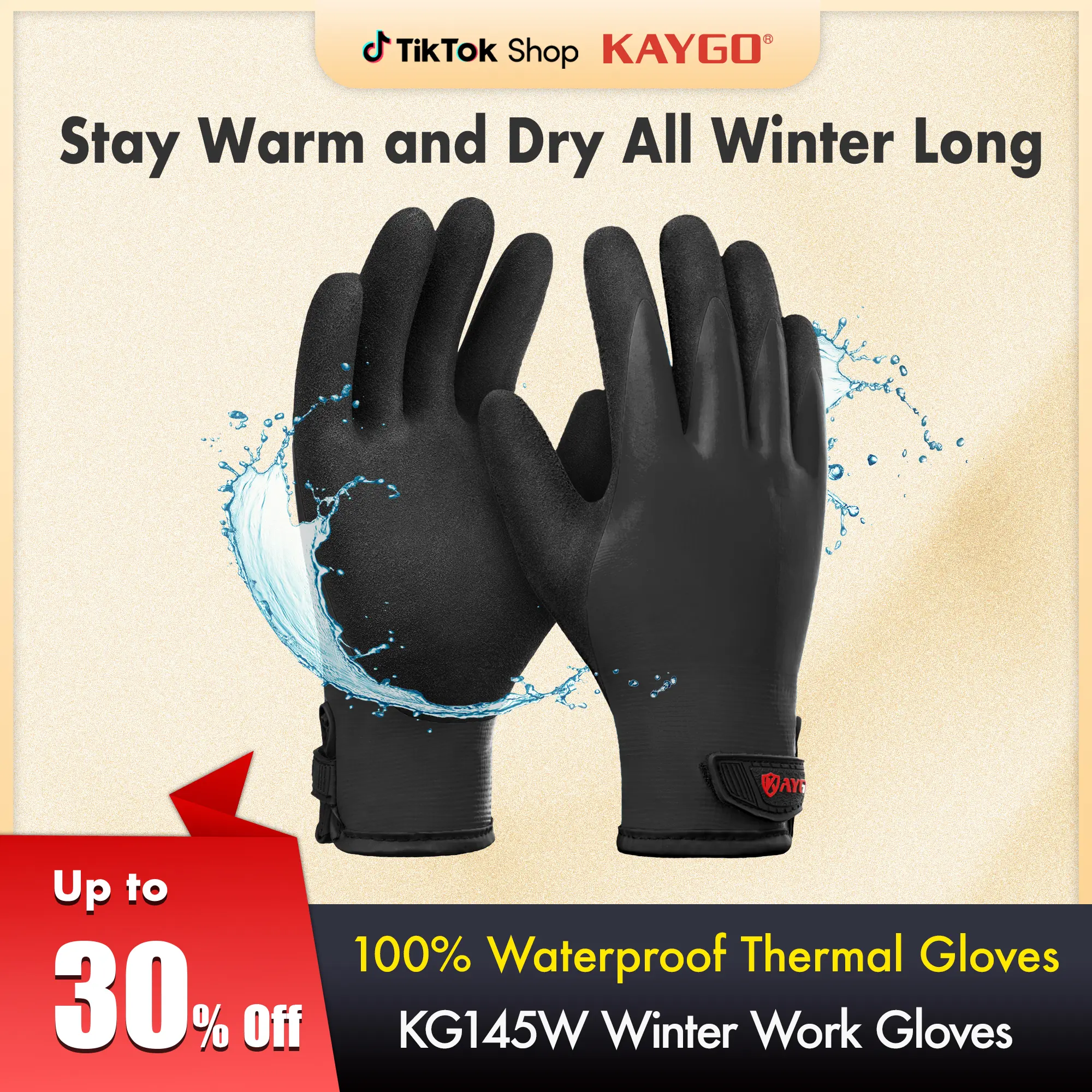 KAYGO KG145 Protector Work Gloves, 100% Waterproof Thermal Winter Gloves for Men, Double Latex Coated with Warm Insulation Liner for Outdoor Work, Construction, Cold Storage, Double Layer