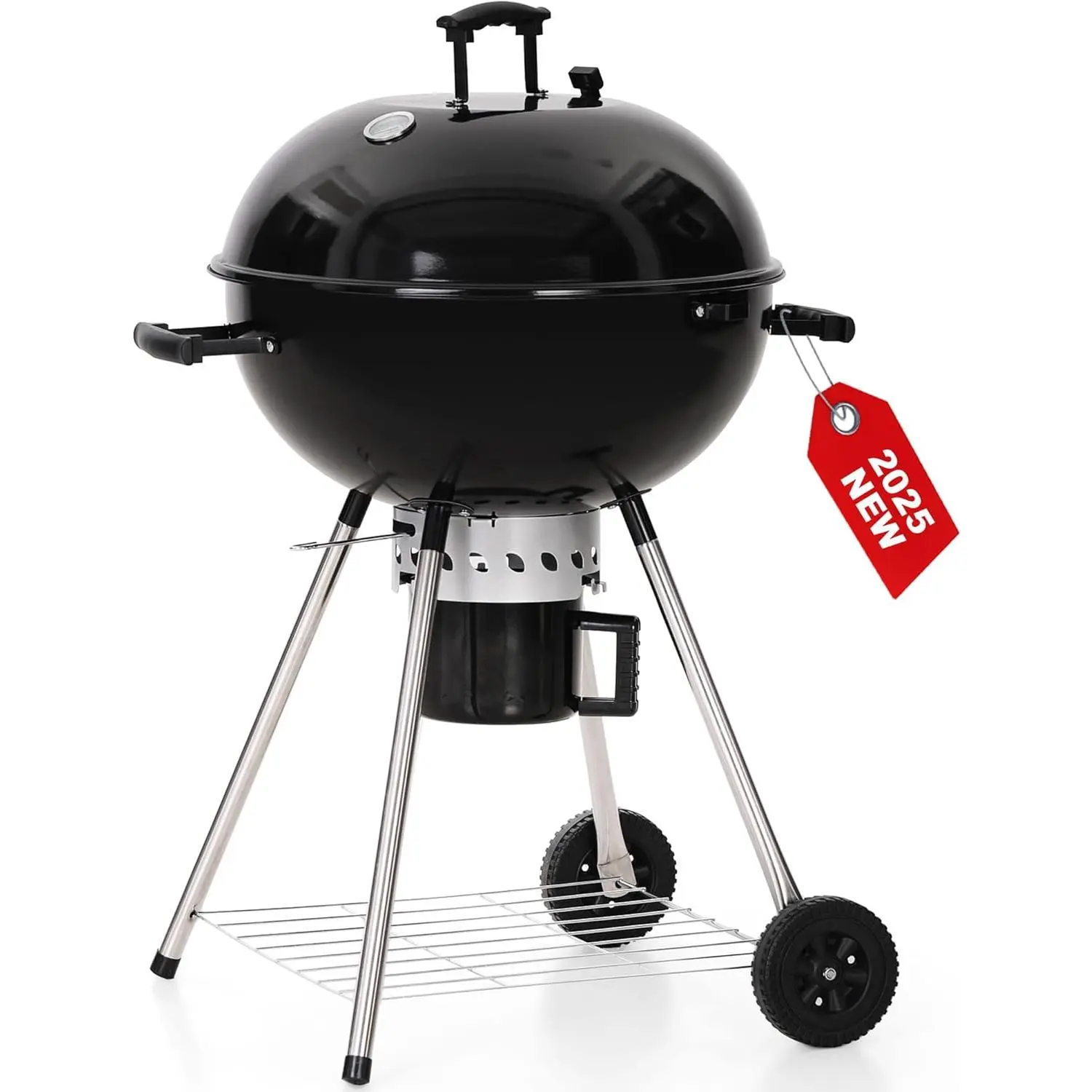 GREEN PARTY 22 inch Kettle Charcoal BBQ Grill with Wheels, Portable Charcoal Grill with Porcelain-Enameled Lid & Ash Catcher for Outdoor Cooking Barbecue Camping Picnics Tailgating