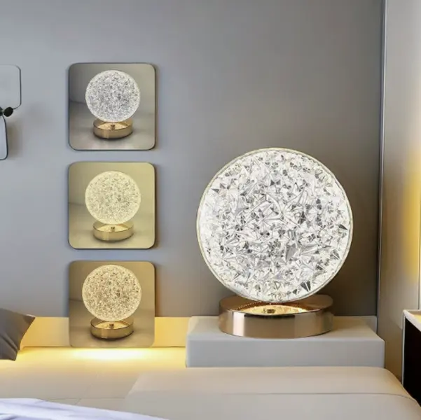 Round LED Lamp Acrylic Crystal Table Lamps Touch Control 3 Color Stepless Dimmable USB Rechargeable Night Light Desk Lamp for Children's Room Dining Room Study Room Decor Festival Gift
