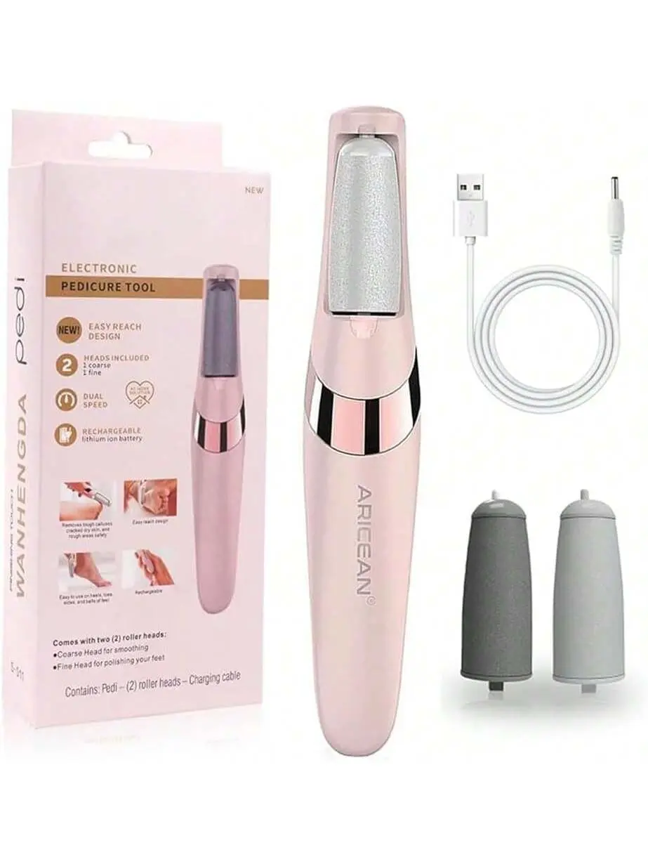 Rechargeable Electric Callus Remover Set for Adults - 2 Sandstone/ABS Replacement Roller Heads, Compact Travel Size, Washable Reuse, Long-Lasting Micro Grinding Particles, Lightweight Smooth Care Tool, Easy Storage, Home Pedicure Dry Skin Nail Care, Comfo