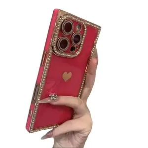 iP17ProMax/Air Phone Case 16/15/14/13 Electroplated Light Luxury Edge Diamond HD Lens Film Anti-Scratch Shockproof Anti-Drop Anti-Fingerprint Smartphone Heart Protection Cover