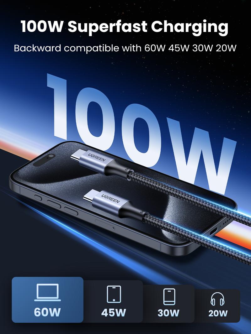 (Buy 1 Get 1 Free) UGREEN USB C to USB C Cable ,100W Type C Flow Cord, Fast Charging for iPhone 17/16 Series, MacBook Pro 2020, iPad Pro, Dell XPS, Samsung Galaxy S24/S23/S22 Ultra, Switch, Pixe,3.3FT Black, portable charger，TikTokShopHolidayHaul