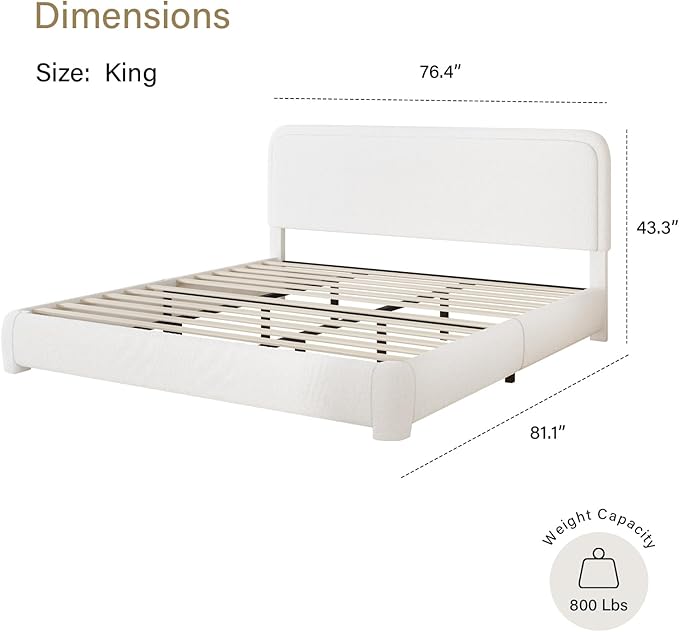 HOMBCK Bed Frame, No Mattress, Boucle Upholstered Platform Bed Frame, Modern, Rounded Corners, Noise Free, Easy Assembly