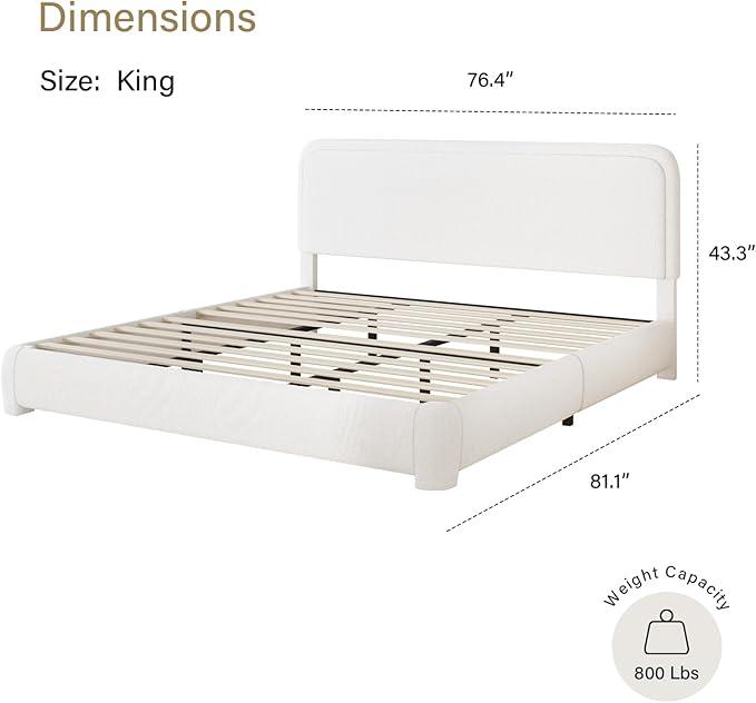 HOMBCK Bed Frame, No Mattress, Boucle Upholstered Platform Bed Frame, Modern, Rounded Corners, Noise Free, Easy Assembly