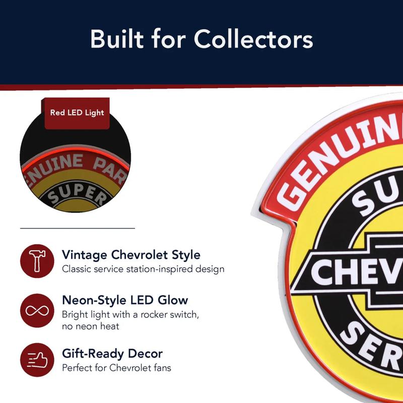 Chevrolet Genuine Parts Super Service LED Plaque Sign – Vintage Garage Neon Style Wall Decor, Red-Orange LED Accent, 16"