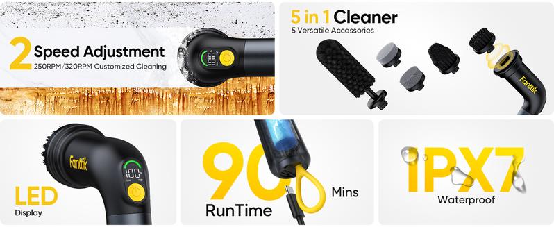 Fanttik G9 Handy Cordless Electric Spin Scrubber, MagnaStorm Motor, Dual-Speed, 5 Brush Heads, LED Display, IPX7 Waterproof, 2500mAh with Type-C Charging, for Kitchen, Sink, Tile, Stove Cleaning Tool
