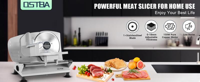 OSTBA Meat Slicer, Electric Deli Food Slicer with Removable Stainless Steel Blades, Adjustable Thickness Meat Slicer for Home Use, Easy to Clean, Ideal for Cold Cuts, Cheese, Bread, Fruit kitchen appliances cutting machine