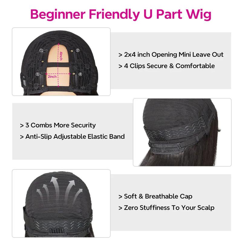 Tinashe Layers U Part Butterfly Loose Body Wave & Yaki Straight & Straight Human Hair U Part Wigs Real Scalp Beginner Friendly Natural Color Wigs Black Friday Christmas Gift