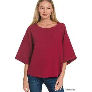 Zenana Double Knit Exposed Seam Curved Hem Top