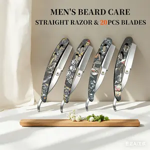 Vintage Silver Straight Razor Set-Barber-Grade with Stainless Steel Handle&20 Blades BarberShopEssentials VintageShave Professional Barber Razor anti-slip design manual shaving edge safety easy replacement Folding Dermaplane Facial Razor classic metal
