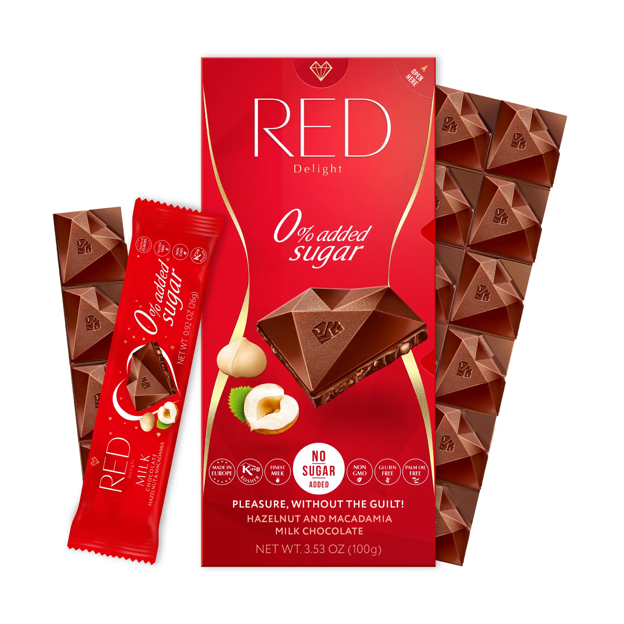 RED Delight Milk Chocolate with Hazelnuts & Macadamia- No Added Sugar, Non GMO, Kosher, Gluten Free, and Weight Watchers Friendly Candy Bar Snack