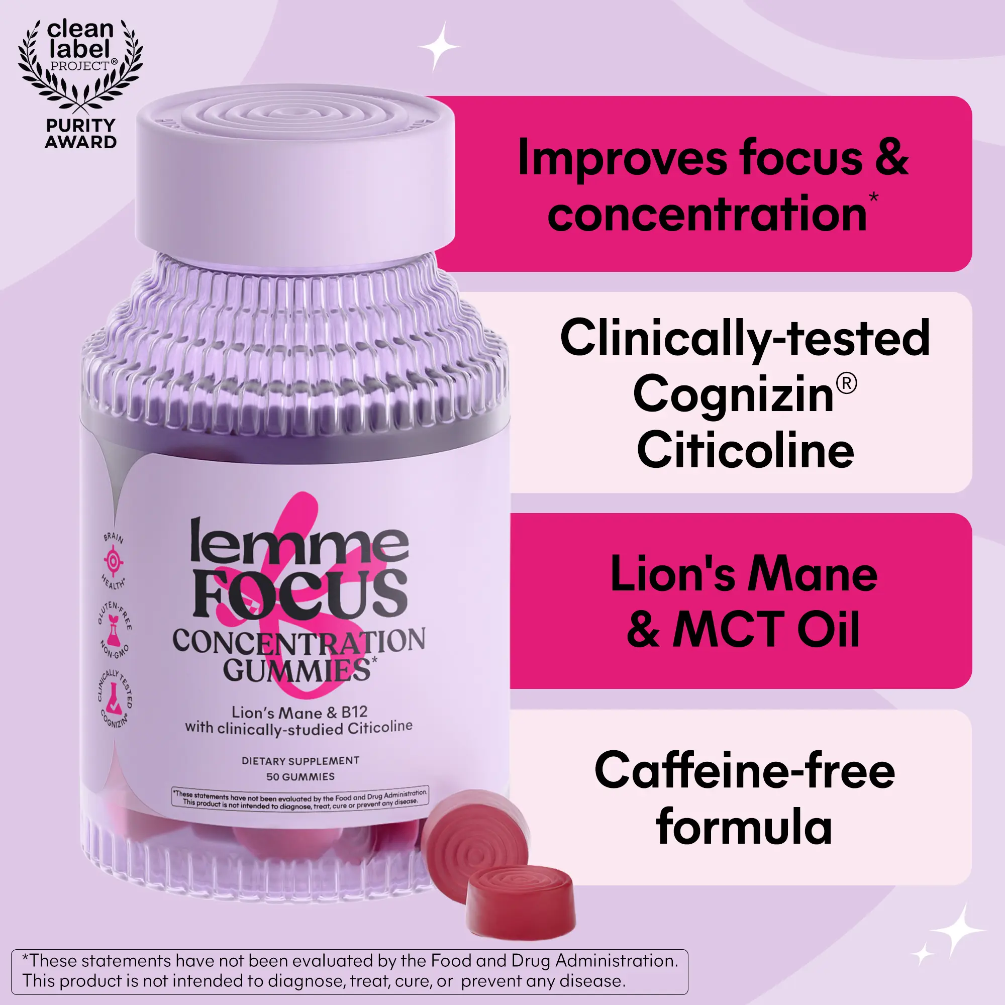 Lemme Focus Concentration & Brain Health Gummies with Cognizin Citicoline, Lion's Mane Mushroom, Vitamin B12 to Support Focus + Concentration - Gluten Free, Caffeine Free, Strawberry (50 Count)