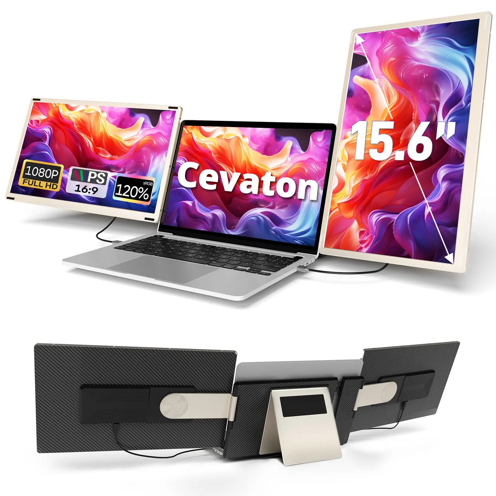 Cevaton 15.6" Dual Portable Monitor for Laptop, Laptop Screen Extender, Detachable FHD IPS Dual Screen with Desktop Stand, Horizontal/Vertical Display, DeX Compatible, Monitor Only, USB-C/HDMI Video Required