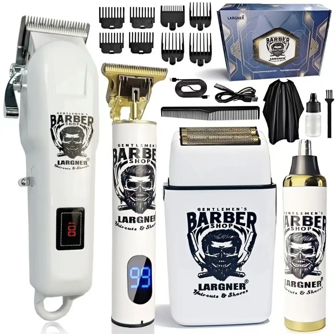 Largner Professional white Hair Clippers barber kit for Men, ProfessionalBarber Clippers and Trimmer Set, Cordless HairClippers for Hair Cutting with 8 Guide Comes,Easter Hairstyle Great Gifts