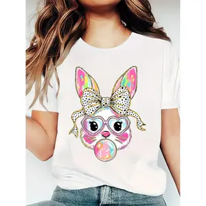 St Patrick's Day  Lucky Irish Shamrock st paddy shirt Adorable Bunny Easter Women's T-Shirt Casual Round Neck Slightly Stretchy Knit Fabric Comfortable Fit All Seasons Wear Soft Breathable Daily Fashion Easter Festive Top