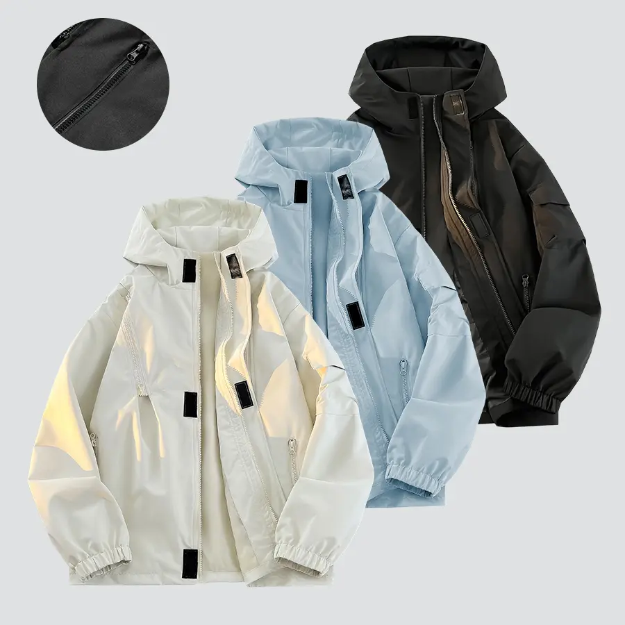 Men’s Minimalist Solid-Color Zip-Up Hooded Jacket - Polyester Clothes, Windproof, Wear-Resistant, Loose-Fit, Casual Street-Style Outerwear with Pockets for Outdoor Travel
