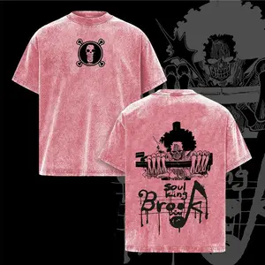 Brook Vintage Washed Oversized T-Shirt, One Piece Straw Hat Crew Musician Graphic Tee, Unisex Streetwear Anime Soft Cotton Top Outfit for Men, Casual Menswear Gift for Anime Fans