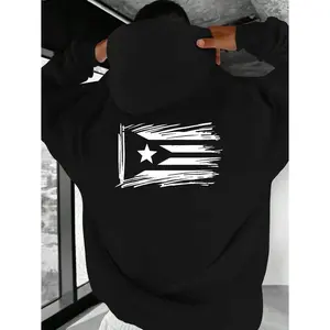Men's Puerto Rican Flag Design Graphic Hoodie - Cotton Blend Black Long Sleeve Pullover Regular Fit |   Soft & Breathable Fabric, Durable Print, Everyday Comfort, Machine Washable, urban streetwear indoor modern setting