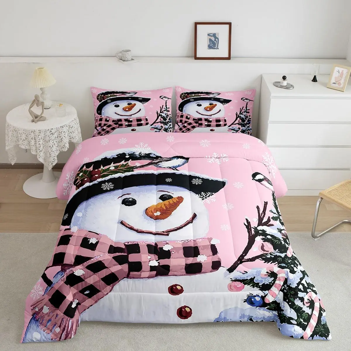 Toddler Kawaii Blush Pink Christmas Bedding Set - Toddler Size, Multi-Size (Twin,Full,Queen,King), Breathable Snowman Comforter Duvet, Snowflake Linens for Cozy Bed Setup, Snug as a Bug in a Rug Bedroom Decor