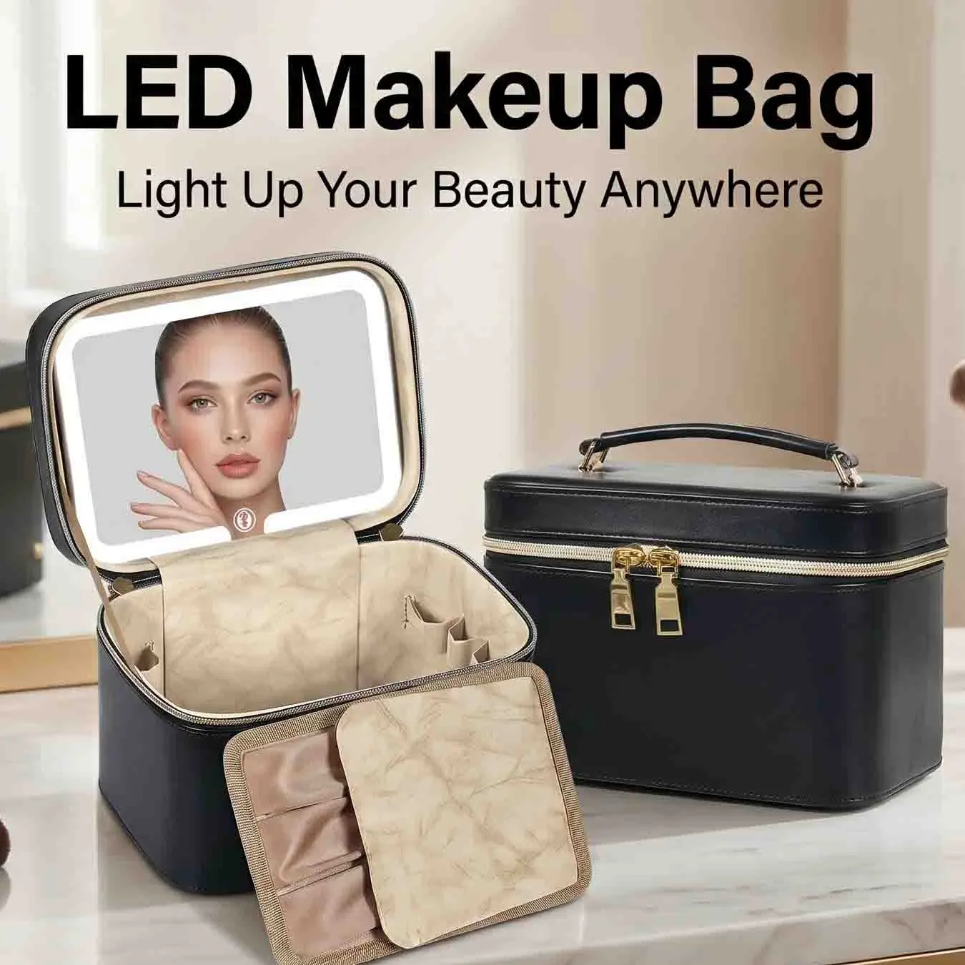 Portable PU Leather Travel Makeup Case with Built-in LED Light Mirror, Adjustable Brightness, Zipper Closure, Makeup Container Set for Vanity Organization