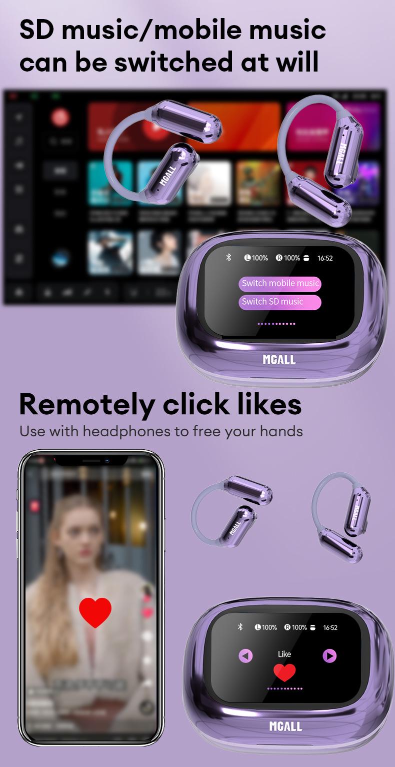 MGALL C18 Open-Ear Wireless Headphones with 2025 Bluetooth 6.0, Supports 169-Language Translation, LED Full-Color Touch Smart Screen, ENC Noise Cancellation, Remote Photography & Anti-Loss Function, Audio Earbuds for Music & Calls