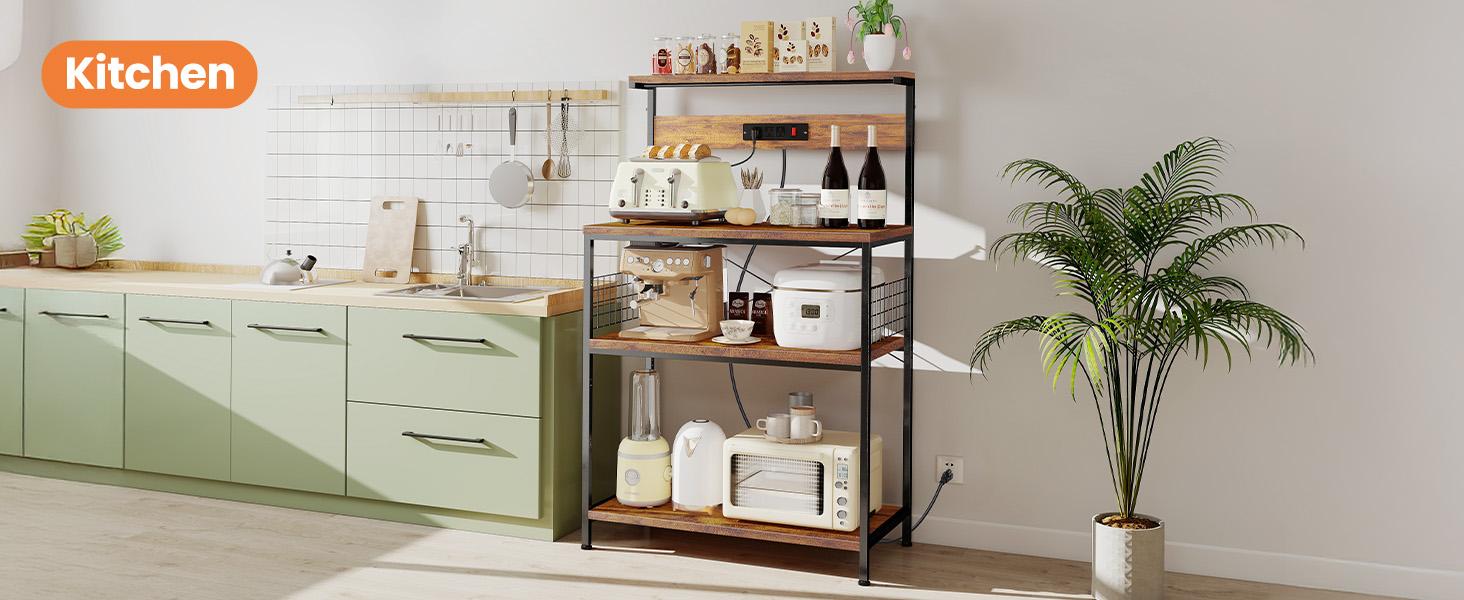 Kitchen Bakers Rack with Power Outlet, Coffee Bar Table 4 Tiers, Microwave Oven Stand Station, Adjustable Storage Shelf for Spices, Freestanding Appliance Organizer