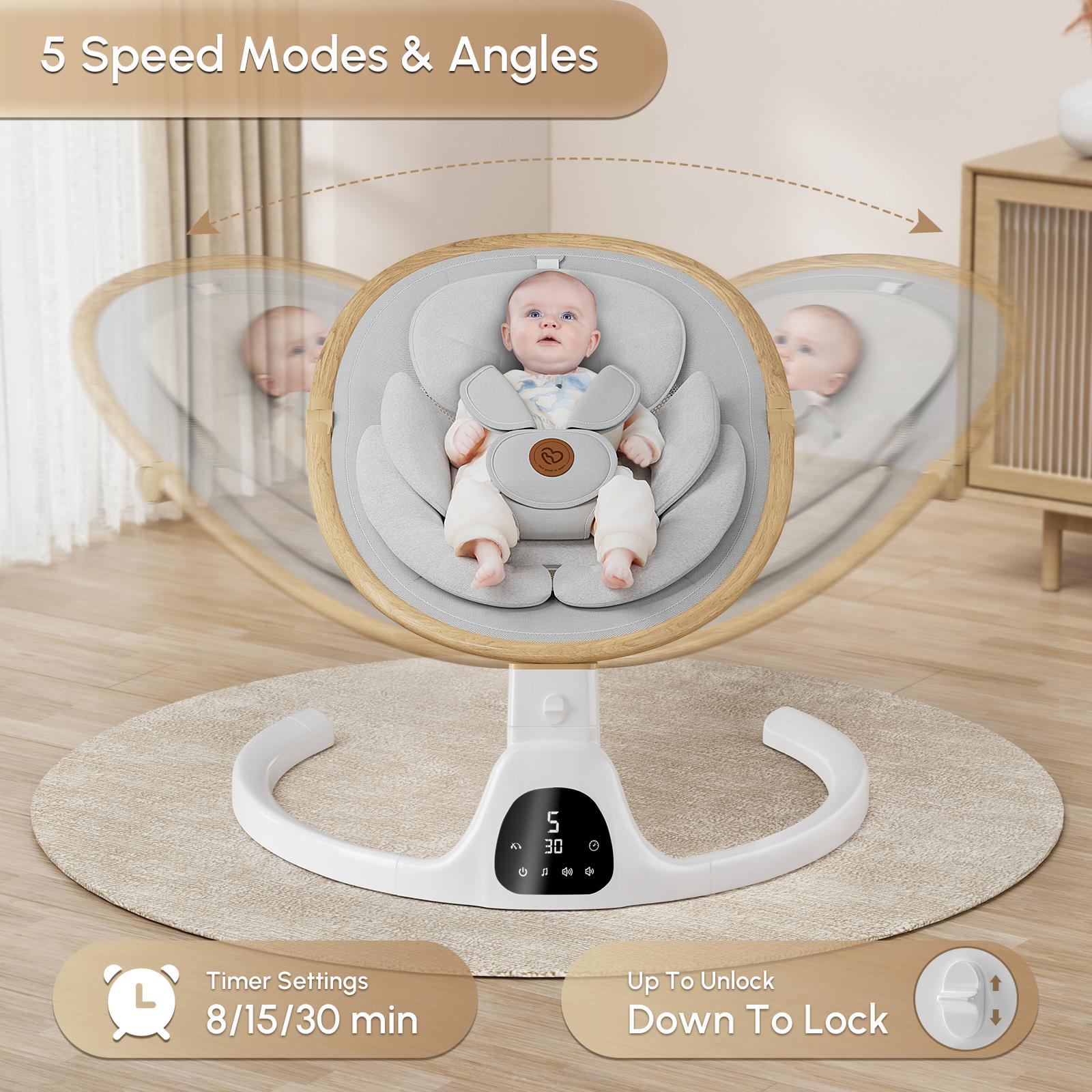 BabyBond Bluetooth Electric Baby Swing for Infants & Newborns, 3Gear & 5-Speed Portable Baby Rocker with 12 Songs, Indoor/Outdoor Automatic Baby Swing, Ideal Baby Shower Gift for Boys & Girls (Woodgrain Design)