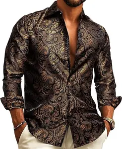 AILISUS Men's Paisley Black Gold Jacquard Long Sleeve Dress Shirt Plus Size Breathable Anti-wrinkle Button Down Prom Shirt Luxury Formal Casual Shiny Soft Stylish Regular-Fit Business Tops New In