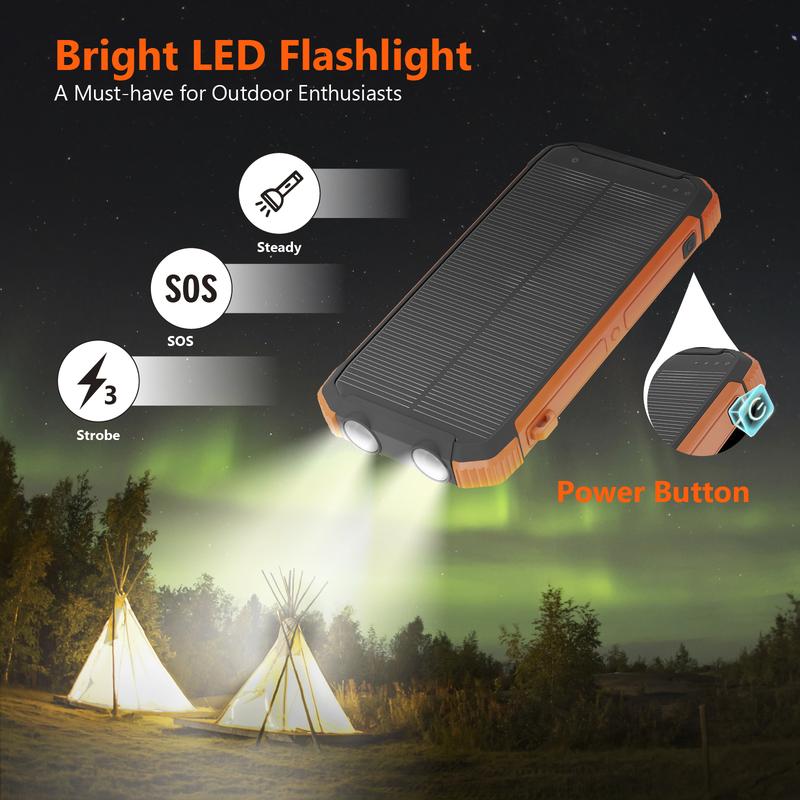 20000mAh Solar power bank PD 15W Fast Solar Charger with Foldable Panels 4 Foldable Panels 15W Wireless Built-in Cables USB-C In/Out Camping Hurricane Emergency Smart iPhone 17 Compatible Chargeable Power Bank