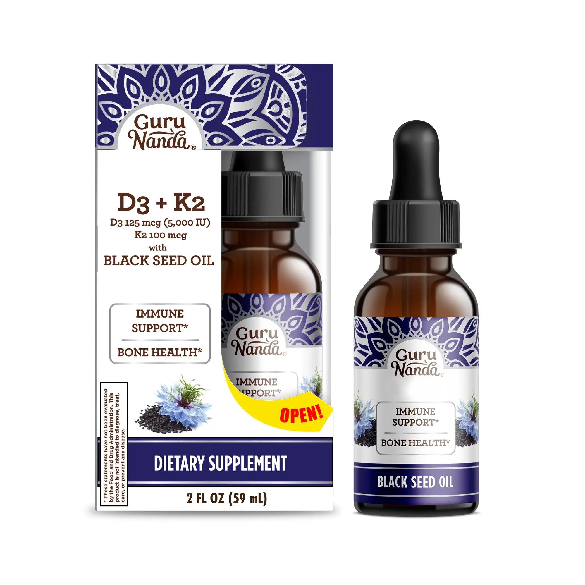 Gurunanda Cold Pressed Black Seed Oil with Vitamin D3, K2, & E