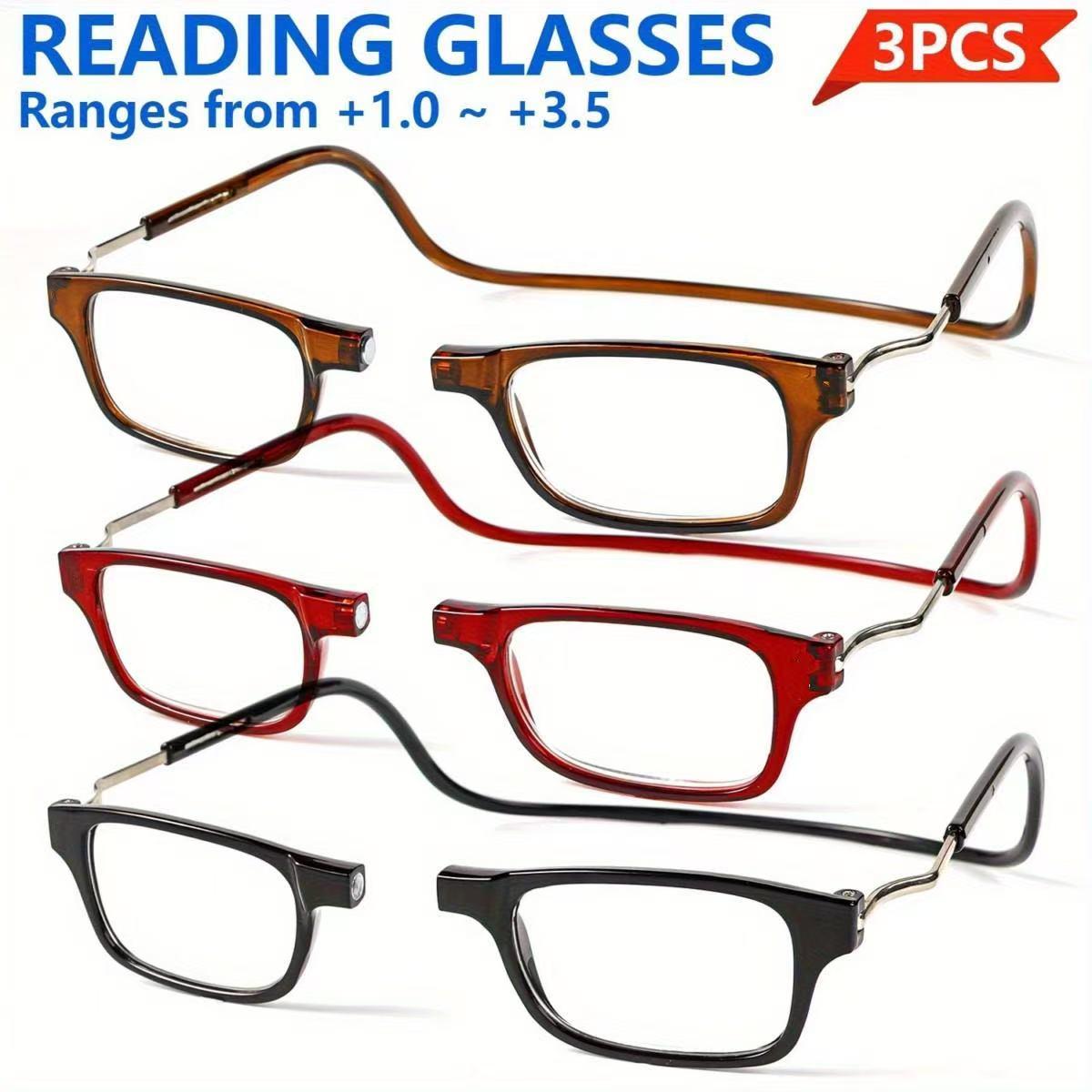 3pcs Magnetic Rectangle Reading Glasses | Small Square Eyeglasses Around Neck Hanging, Lightweight, Adjustable Temple, PC Frame, Farsightedness
