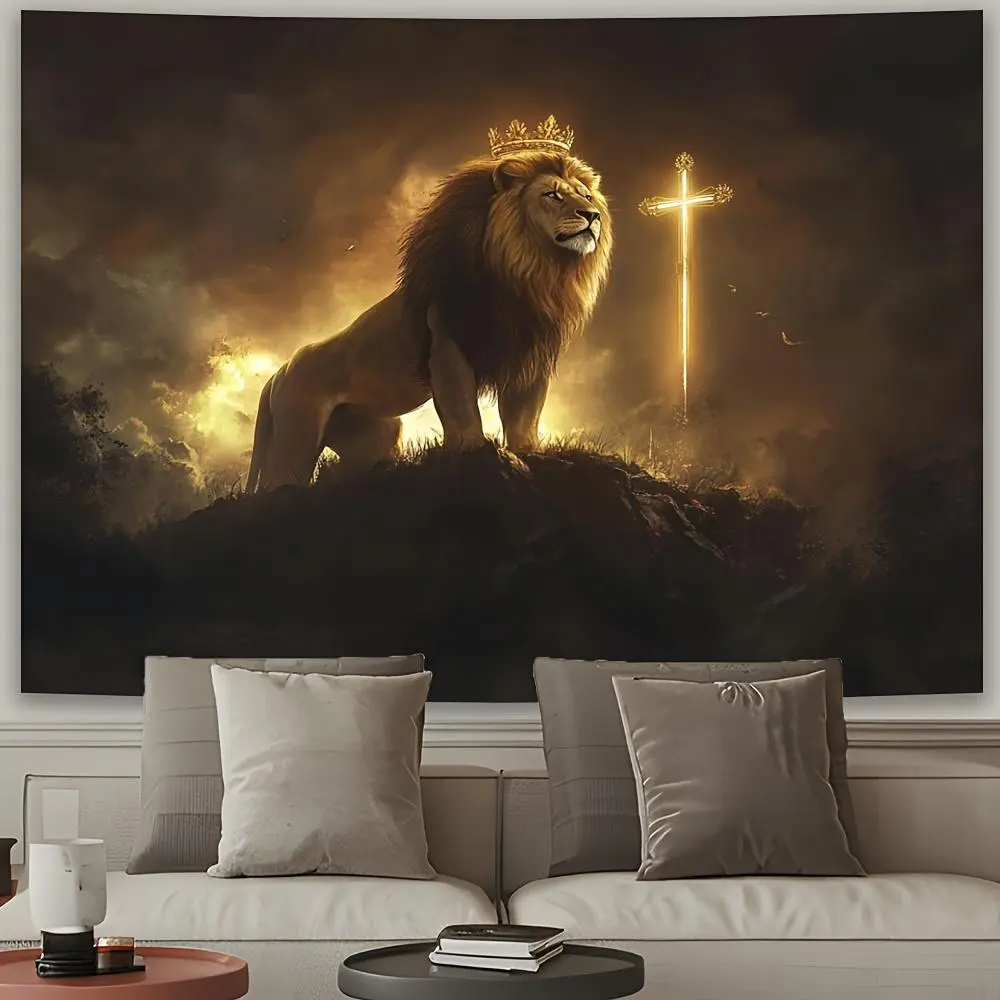 1pc Polyester 2D Flat Luxurious Lion with Crown and Cross Decorative Design Throw, No Power Needed Bold Decor Piece for Living Room, Office - Detailed Crown Design White Office Bedroom Party Decor, Decorative Design Throws