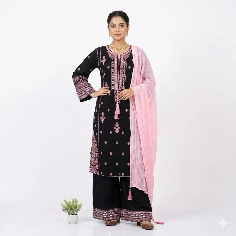 Women's Black-Pink Roman Silk & Crushed Georgette Indian Panjabi Suit - 40 Inch M Micro Embroidered Modest Daily Wear Prayer Attire with Top, Sleeves, Pants, Mirror Accents