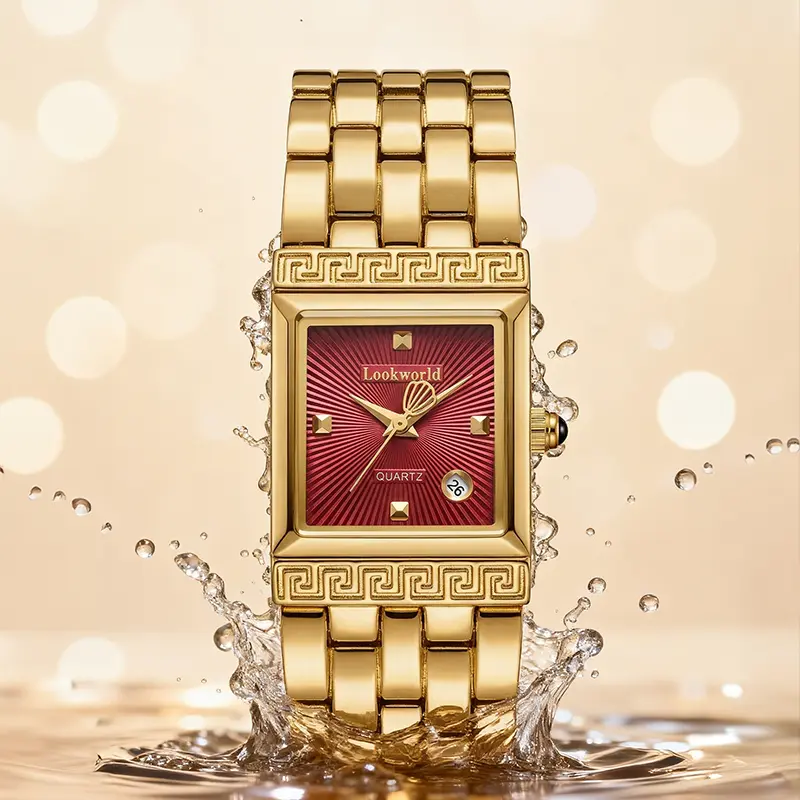 Vintage Gold Square Watch for Women Red Dial Greek Key Style  display picture 1