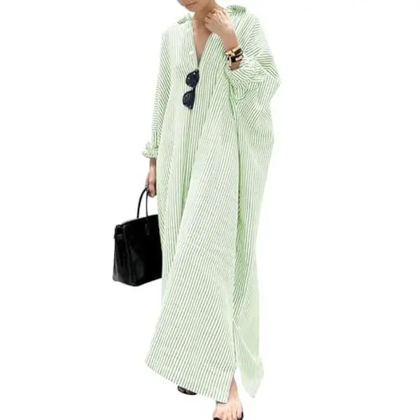 Chouyatou Women's Collared Casual Long Sleeve Button-Down Loose Striped Cotton Maxi Caftan Dress, Comfy Batwing-Sleeved Breathable Lightweight Beach Casual Wear, Grey Women's Clothes, Longsleeves, Basic, Beach Outfits, Lady, Casual Dresses