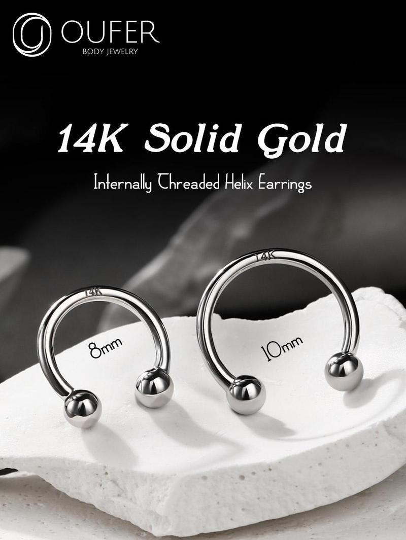 Oufer 14k Solid White Gold 16G Internally Threaded Ball End Horseshoe Septum Nose Piercing Ring -Classic Fit for Everyday Wear Inner Diameter 8mm 10mm